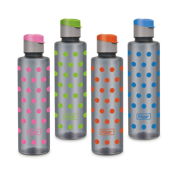 FLAIR Plastic Polka Pet Fliptop Cap (1000 ml, Set of 4, Assorted) Water Bottles